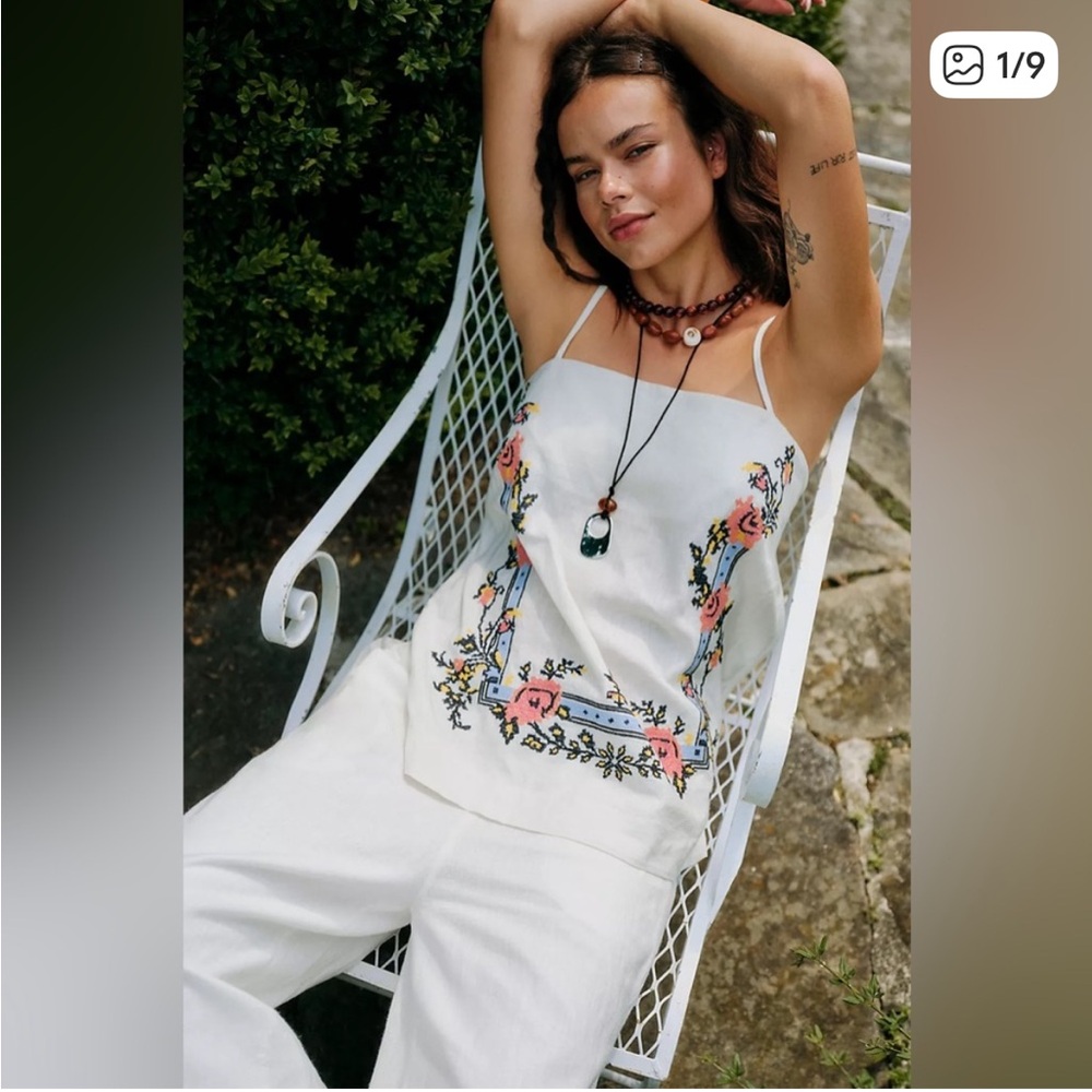 Free People Sight Seer Linen Ivory Embroidered Set